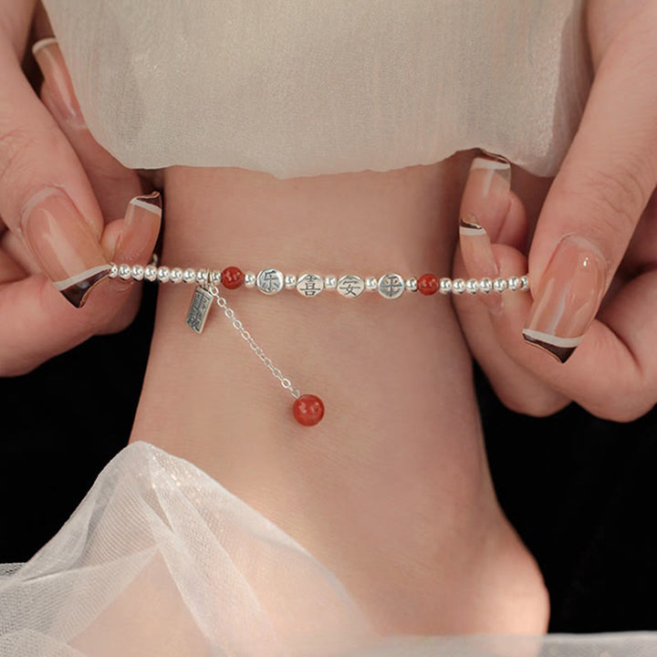Tobillera con Buddha Stones en plata de ley 925, cuentas pequeñas de ágata roja, bendición de paz y alegría