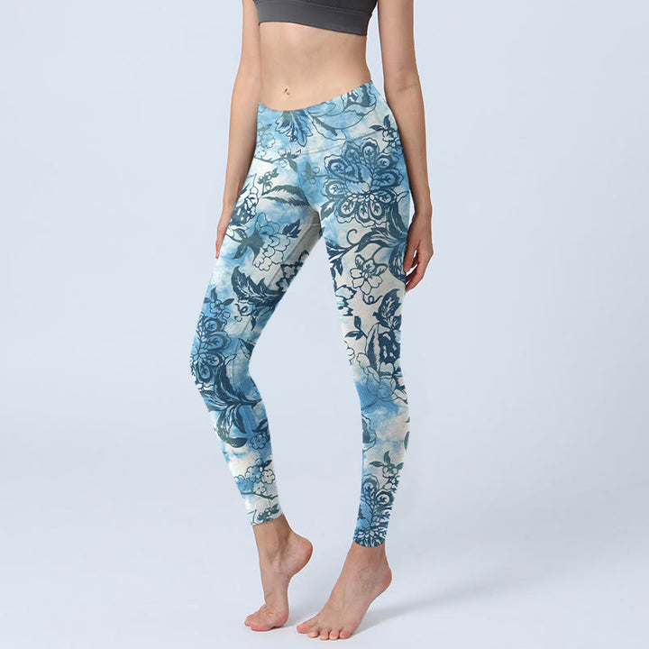 Leggings de yoga para mujer con estampado de crisantemo y peonía de Buddha Stones - DodgerBlue - US18，UK/AU22，EU50 (4XL) - image 1