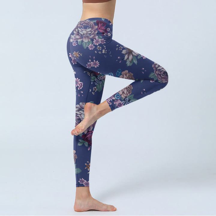 Leggings de yoga para mujer con estampado de crisantemo, peonías y rosas rojas de Buddha Stones - image 4