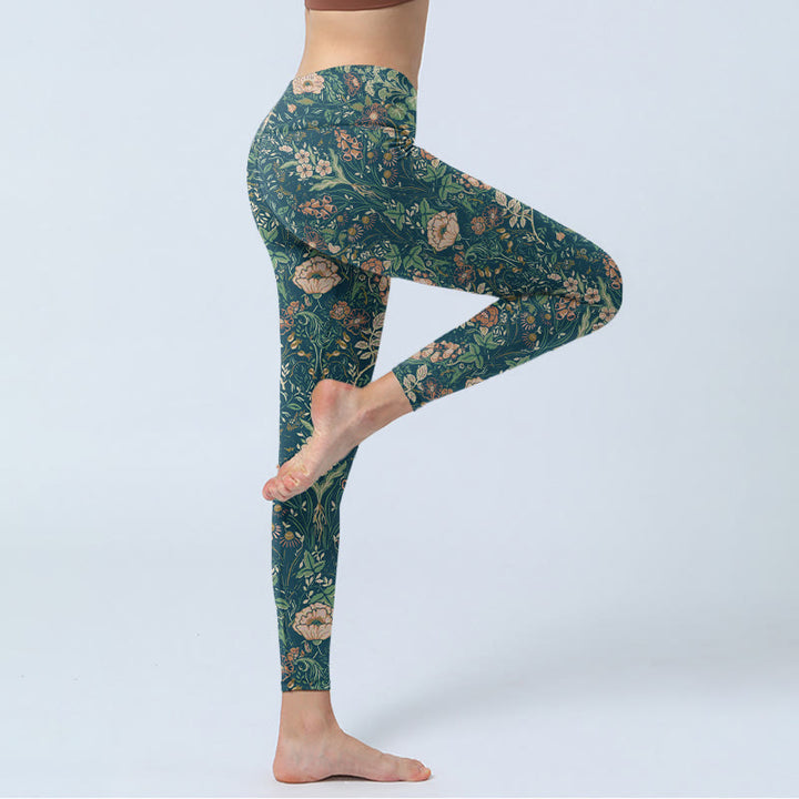 Leggings de yoga para mujer con estampado de flores y vides con Buddha Stones verdes - image 3