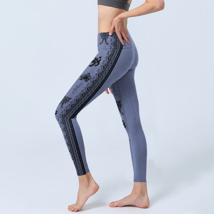Leggings de yoga para mujer con estampado de loto, palabra sánscrita Om y Buddha Stones con costuras azules - image 2