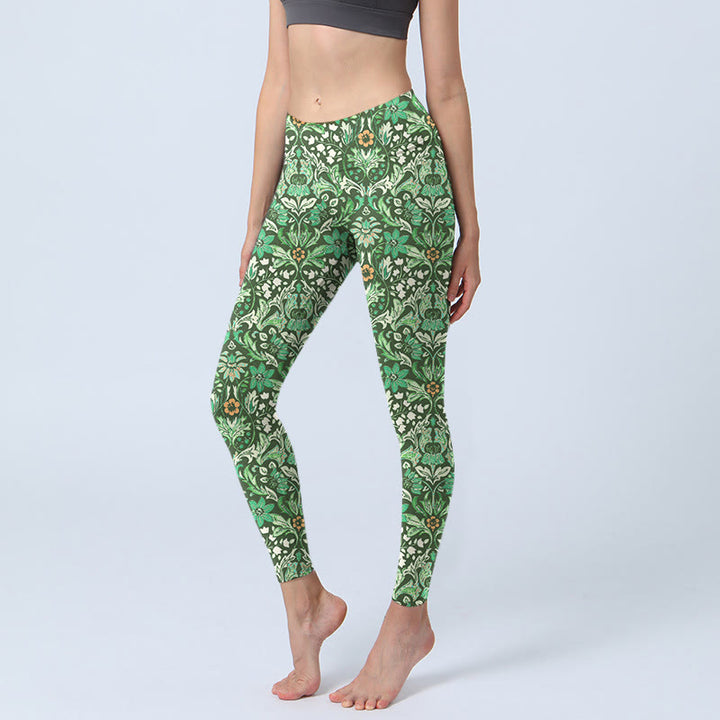 Leggings de yoga para mujer con estampado simétrico de flores y hojas con costuras verdes de Buddha Stones - Verde - US18，UK/AU22，EU50 (4XL) - image 0