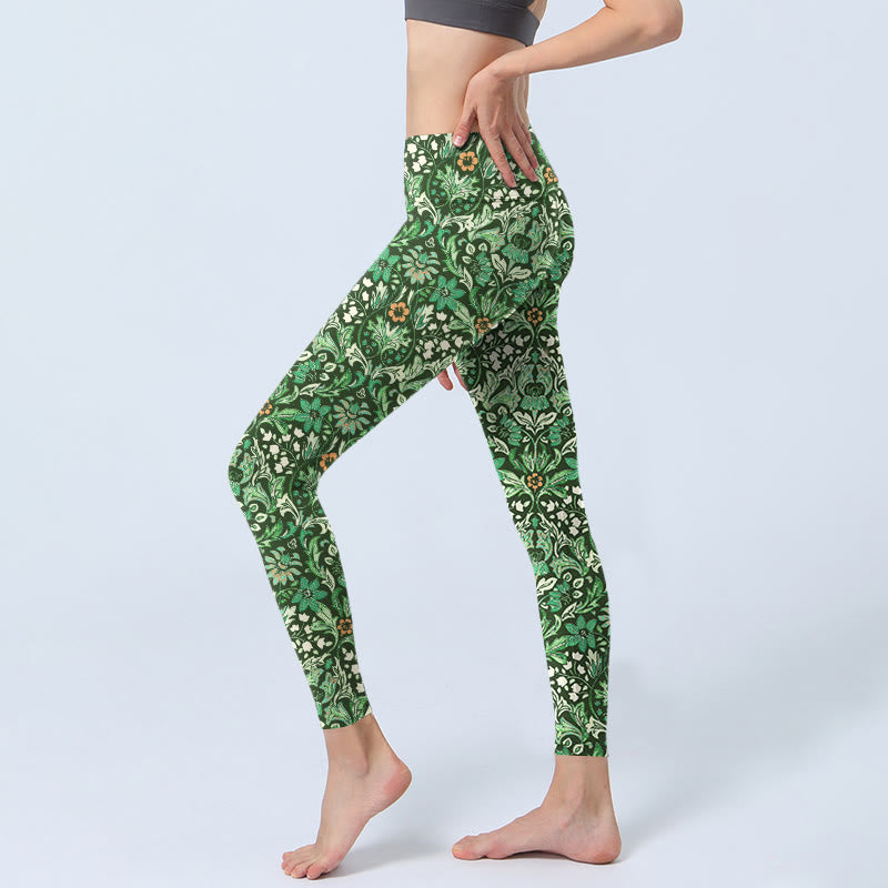 Leggings de yoga para mujer con estampado simétrico de flores y hojas con costuras verdes de Buddha Stones - image 2