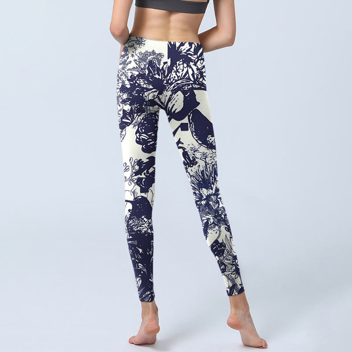 Leggings de yoga para mujer con estampado de Buddha Stones, flores, hojas, pájaros y mariposas, con costuras blancas - image 6
