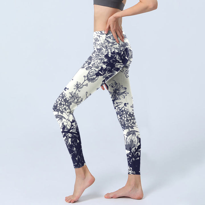 Leggings de yoga para mujer con estampado de Buddha Stones, flores, hojas, pájaros y mariposas, con costuras blancas - image 2
