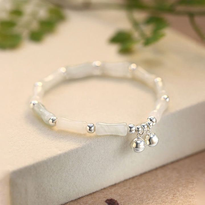 Pulsera de plata de ley 925 con Buddha Stones, jade blanco natural, campana de bambú, pulsera de suerte y felicidad