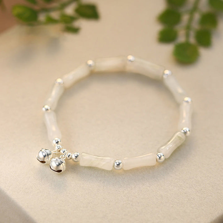 Pulsera de plata de ley 925 con Buddha Stones, jade blanco natural, campana de bambú, pulsera de suerte y felicidad