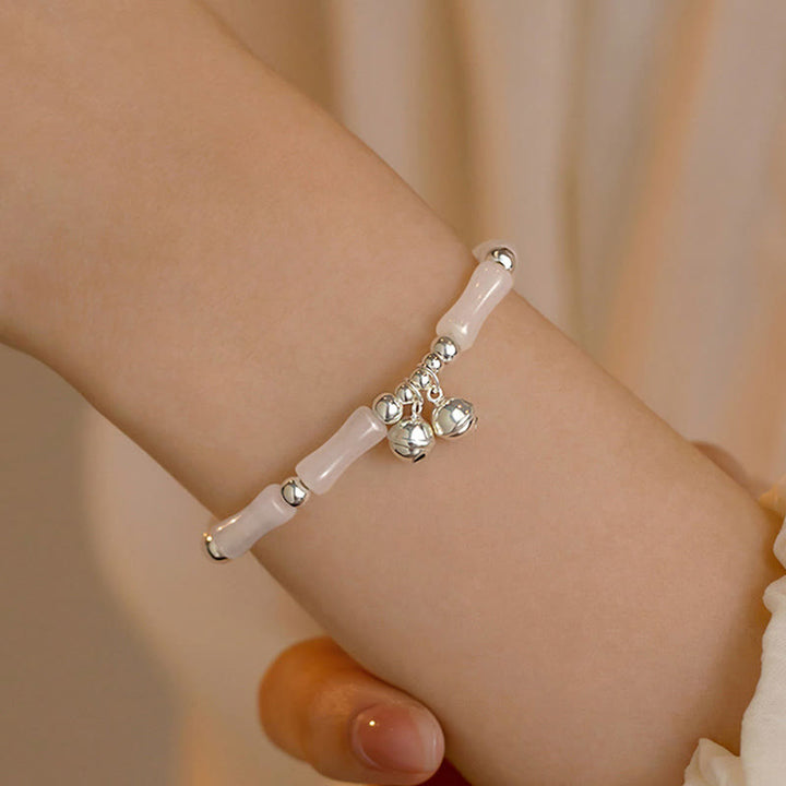 Pulsera de plata de ley 925 con Buddha Stones, jade blanco natural, campana de bambú, pulsera de suerte y felicidad