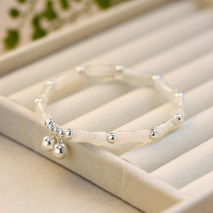 Pulsera de plata de ley 925 con Buddha Stones, jade blanco natural, campana de bambú, pulsera de suerte y felicidad