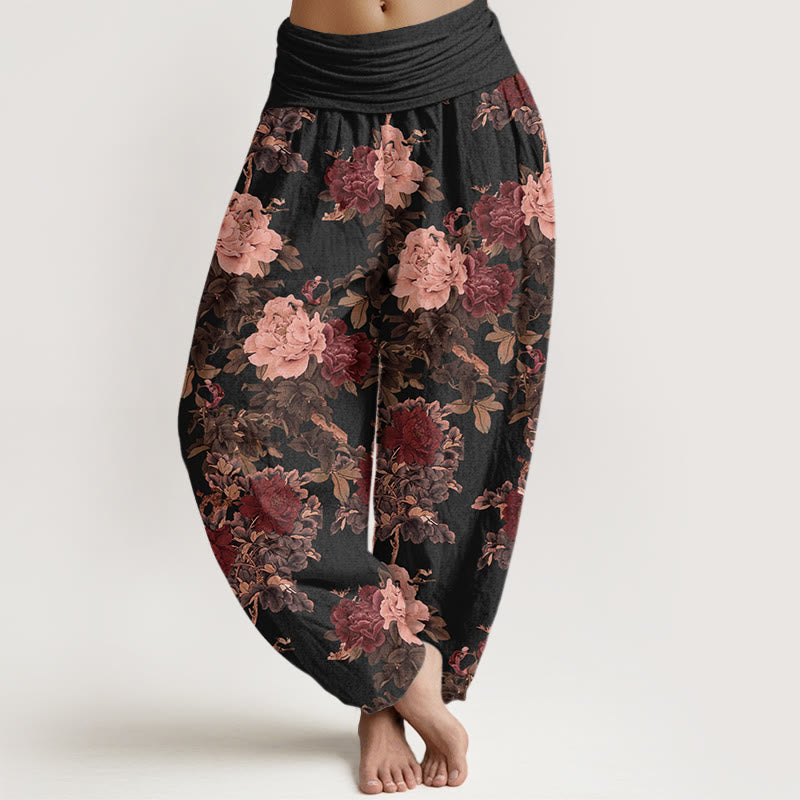 Pantalones harén de cintura elástica para mujer con estampado de hojas y flores de peonía exuberantes y piedras de Buddha Stones - Negro - US22，UK/AU26，EU54 (6XL) - image 1