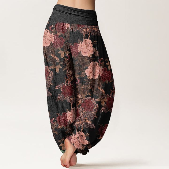 Pantalones harén de cintura elástica para mujer con estampado de hojas y flores de peonía exuberantes y piedras de Buddha Stones - image 3