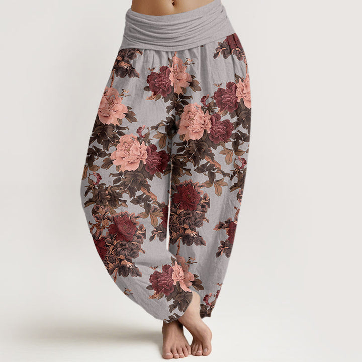 Pantalones harén de cintura elástica para mujer con estampado de hojas y flores de peonía exuberantes y piedras de Buddha Stones - Azul acero claro - US22，UK/AU26，EU54 (6XL) - image 5