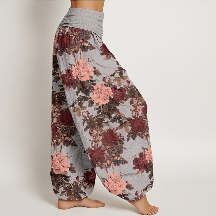 Pantalones harén de cintura elástica para mujer con estampado de hojas y flores de peonía exuberantes y piedras de Buddha Stones - image 6