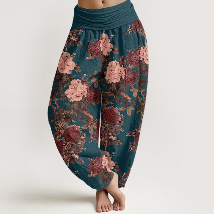 Pantalones harén de cintura elástica para mujer con estampado de hojas y flores de peonía exuberantes y piedras de Buddha Stones - Azul acero - US22，UK/AU26，EU54 (6XL) - image 8