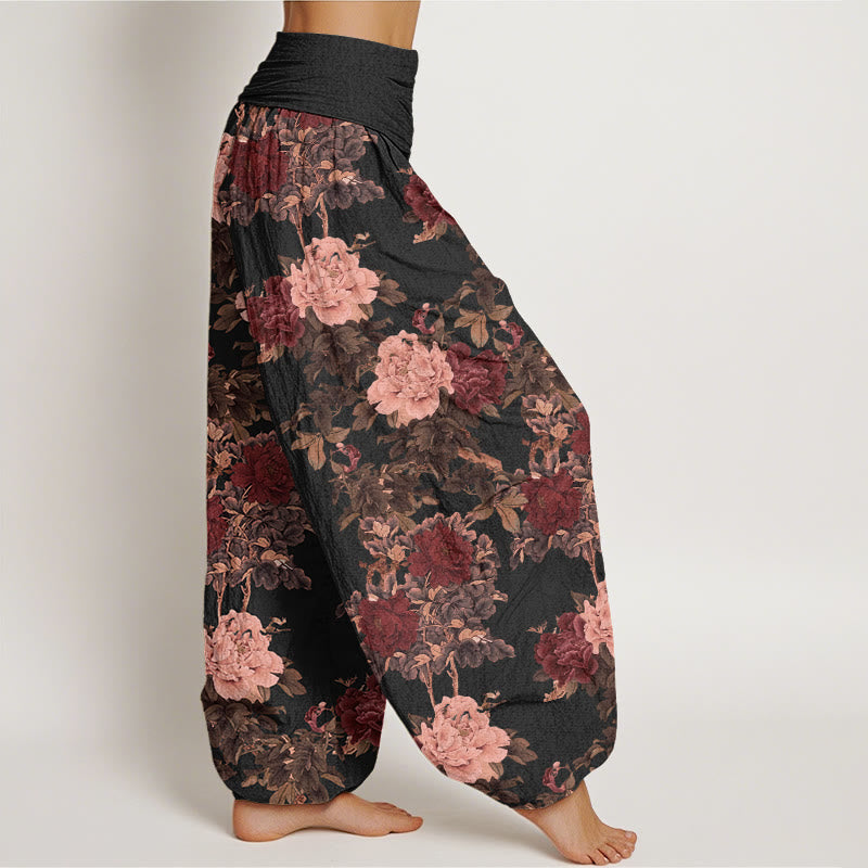 Pantalones harén de cintura elástica para mujer con estampado de hojas y flores de peonía exuberantes y piedras de Buddha Stones - image 2
