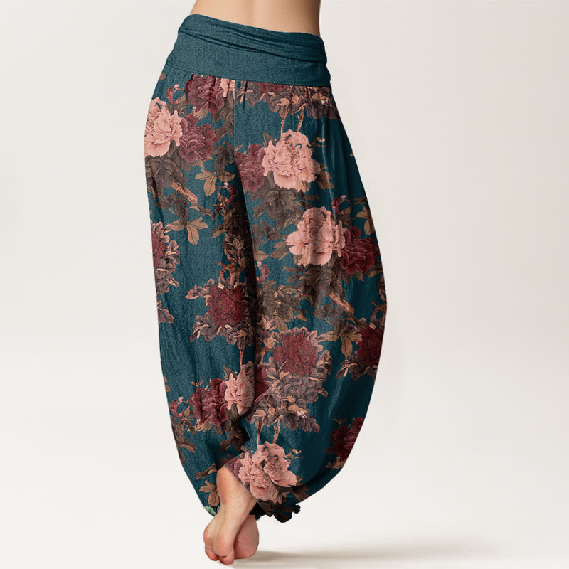 Pantalones harén de cintura elástica para mujer con estampado de hojas y flores de peonía exuberantes y piedras de Buddha Stones - image 10