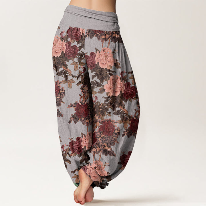 Pantalones harén de cintura elástica para mujer con estampado de hojas y flores de peonía exuberantes y piedras de Buddha Stones - image 7