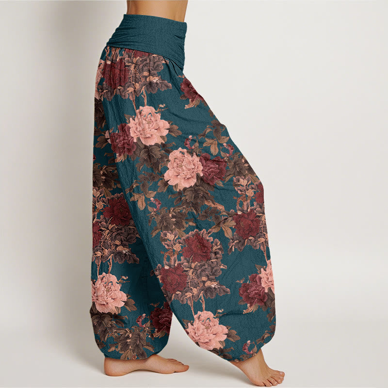 Pantalones harén de cintura elástica para mujer con estampado de hojas y flores de peonía exuberantes y piedras de Buddha Stones - image 9