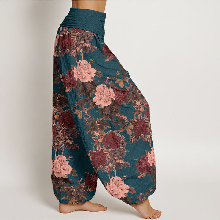 Pantalones harén de cintura elástica para mujer con estampado de hojas y flores de peonía exuberantes y piedras de Buddha Stones - image 9