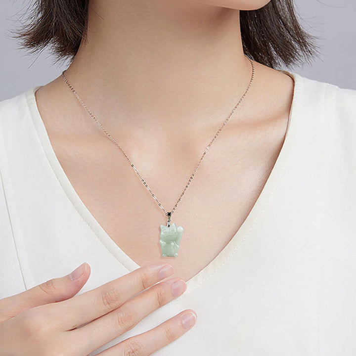 Collar con colgante de gato de la fortuna y jade de plata de ley 925 con Buddha Stones y prosperidad