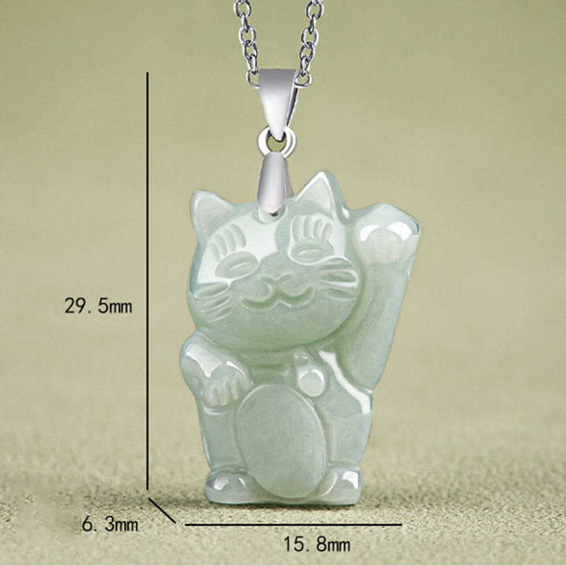 Collar con colgante de gato de la fortuna y jade de plata de ley 925 con Buddha Stones y prosperidad
