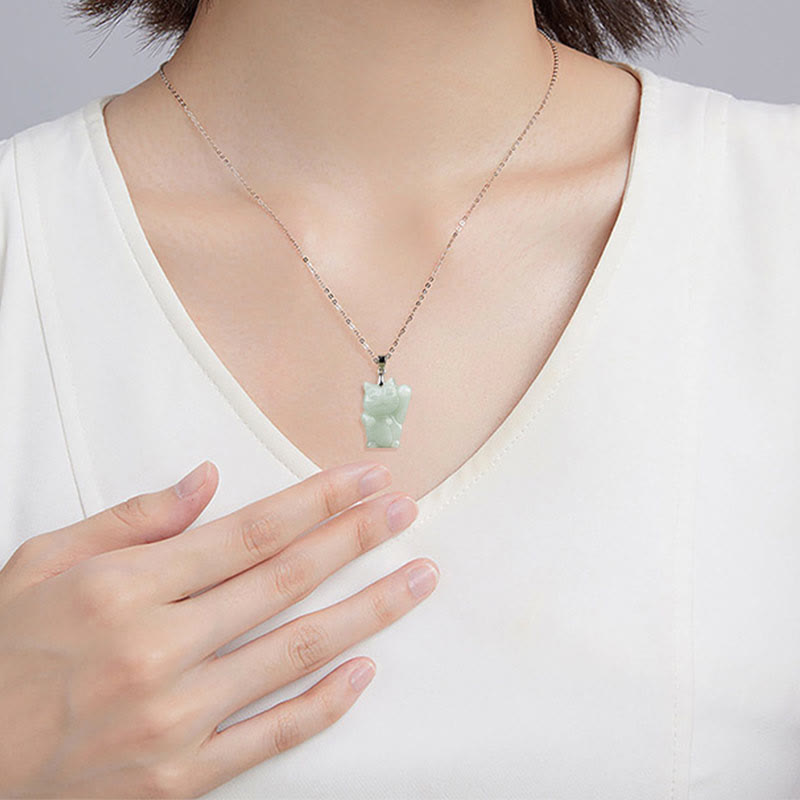 Collar con colgante de gato de la fortuna y jade de plata de ley 925 con Buddha Stones y prosperidad