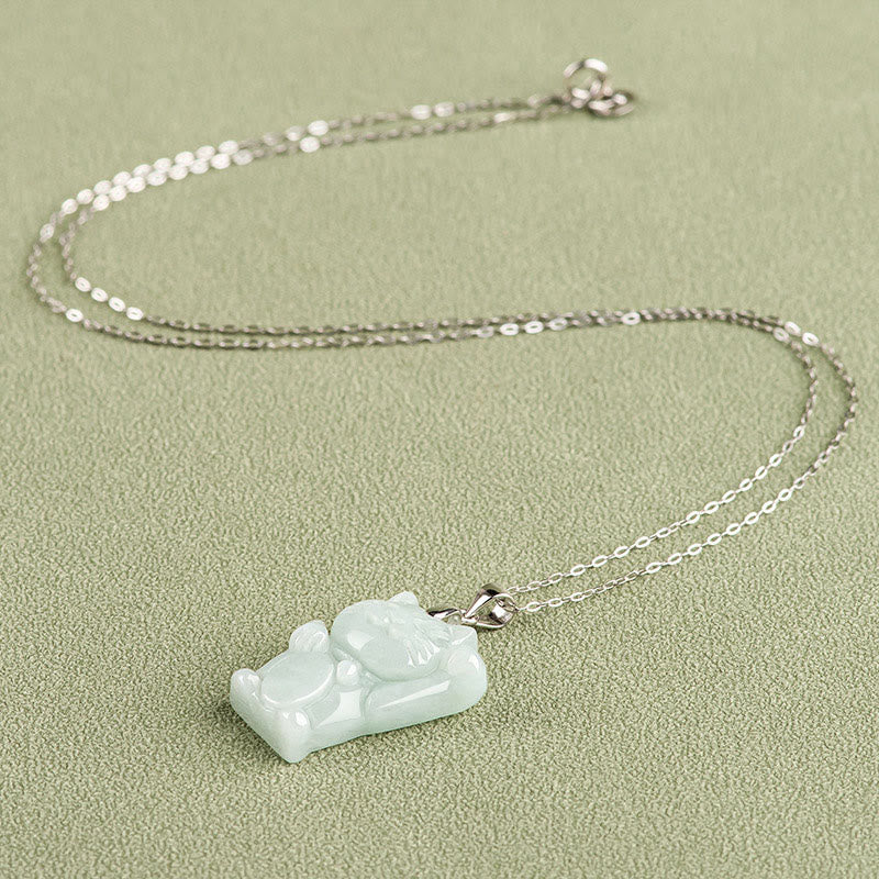 Collar con colgante de gato de la fortuna y jade de plata de ley 925 con Buddha Stones y prosperidad