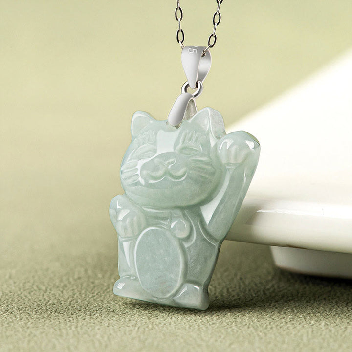 Collar con colgante de gato de la fortuna y jade de plata de ley 925 con Buddha Stones y prosperidad