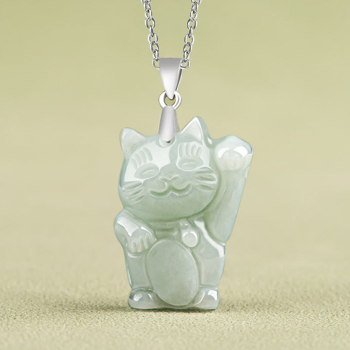 Collar con colgante de gato de la fortuna y jade de plata de ley 925 con Buddha Stones y prosperidad