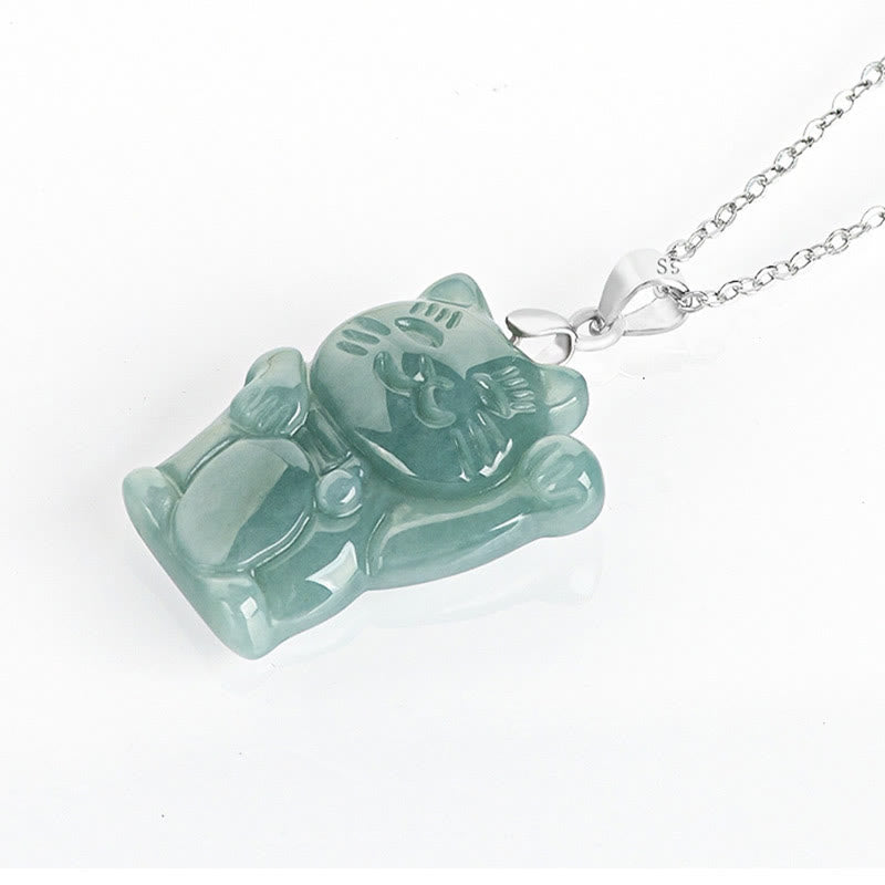 Collar con colgante de gato de la suerte de jade natural en plata de ley 925 con Buddha Stones y abundancia