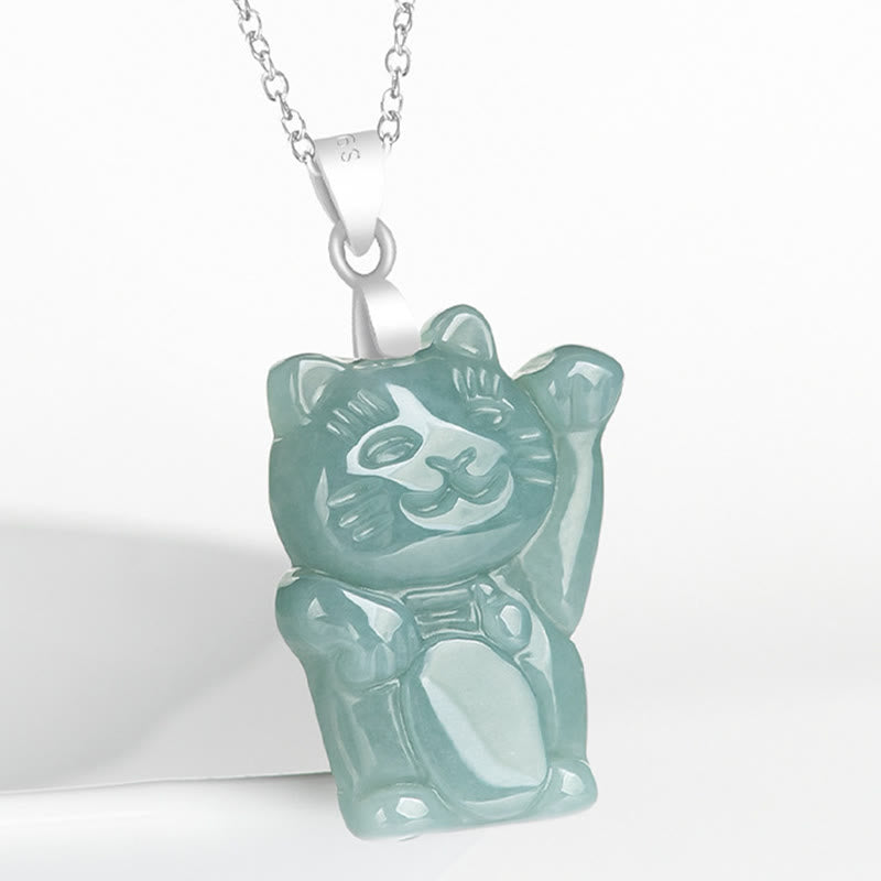Collar con colgante de gato de la suerte de jade natural en plata de ley 925 con Buddha Stones y abundancia