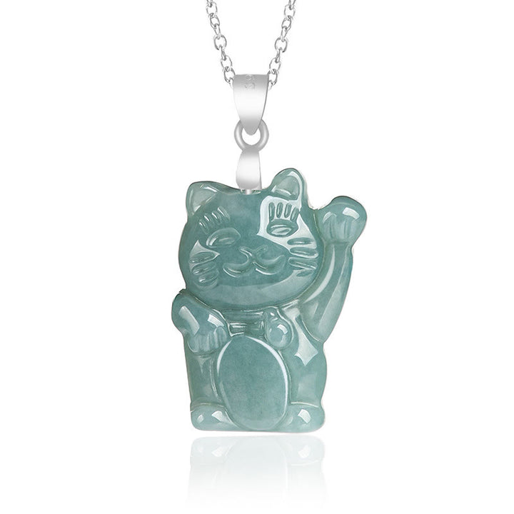 Collar con colgante de gato de la suerte de jade natural en plata de ley 925 con Buddha Stones y abundancia