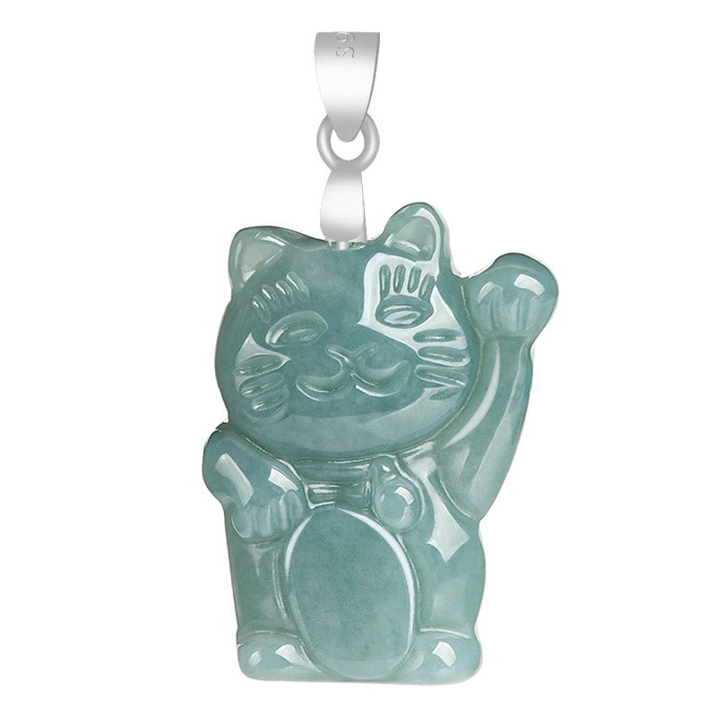 Collar con colgante de gato de la suerte de jade natural en plata de ley 925 con Buddha Stones y abundancia
