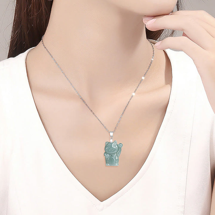 Collar con colgante de gato de la suerte de jade natural en plata de ley 925 con Buddha Stones y abundancia