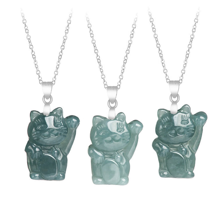 Collar con colgante de gato de la suerte de jade natural en plata de ley 925 con Buddha Stones y abundancia