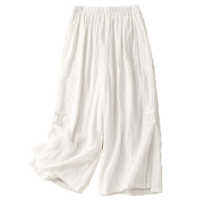 Pantalones anchos de algodón y lino con botones de rana china de color liso para mujer con Buddha Stones - image 9