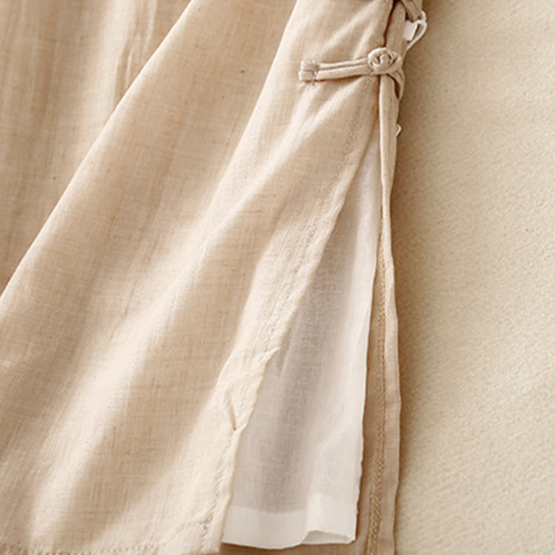 Pantalones anchos de algodón y lino con botones de rana china de color liso para mujer con Buddha Stones - image 12