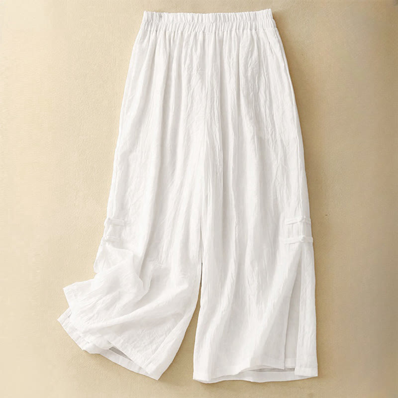 Pantalones anchos de algodón y lino con botones de rana china de color liso para mujer con Buddha Stones - Blanco - US8-10，UK/AU12-14，EU40-42 (2XL) - image 3
