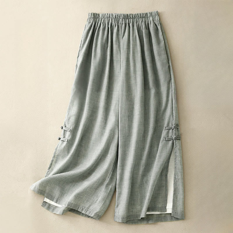 Pantalones anchos de algodón y lino con botones de rana china de color liso para mujer con Buddha Stones - Aguamarina mediana - US8-10，UK/AU12-14，EU40-42 (2XL) - image 17