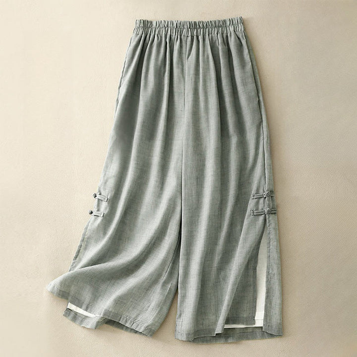 Pantalones anchos de algodón y lino con botones de rana china de color liso para mujer con Buddha Stones - Aguamarina mediana - US8-10，UK/AU12-14，EU40-42 (2XL) - image 17
