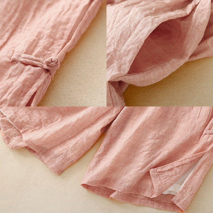 Pantalones anchos de algodón y lino con botones de rana china de color liso para mujer con Buddha Stones - image 2