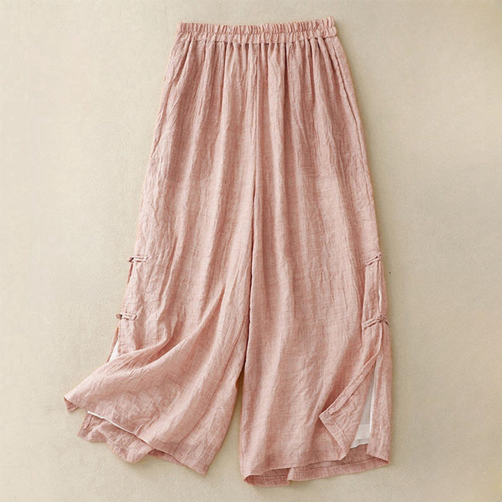Pantalones anchos de algodón y lino con botones de rana china de color liso para mujer con Buddha Stones - Rosa claro - US8-10，UK/AU12-14，EU40-42 (2XL) - image 0