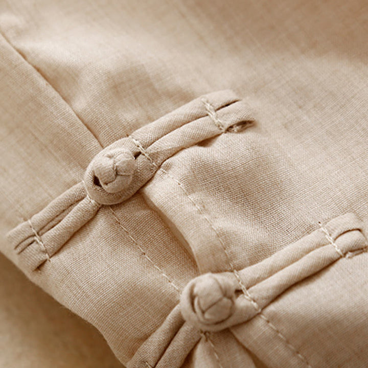 Pantalones anchos de algodón y lino con botones de rana china de color liso para mujer con Buddha Stones - image 14