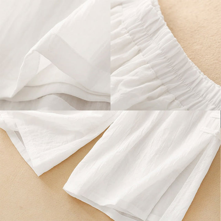 Pantalones anchos de algodón y lino con botones de rana china de color liso para mujer con Buddha Stones - image 8