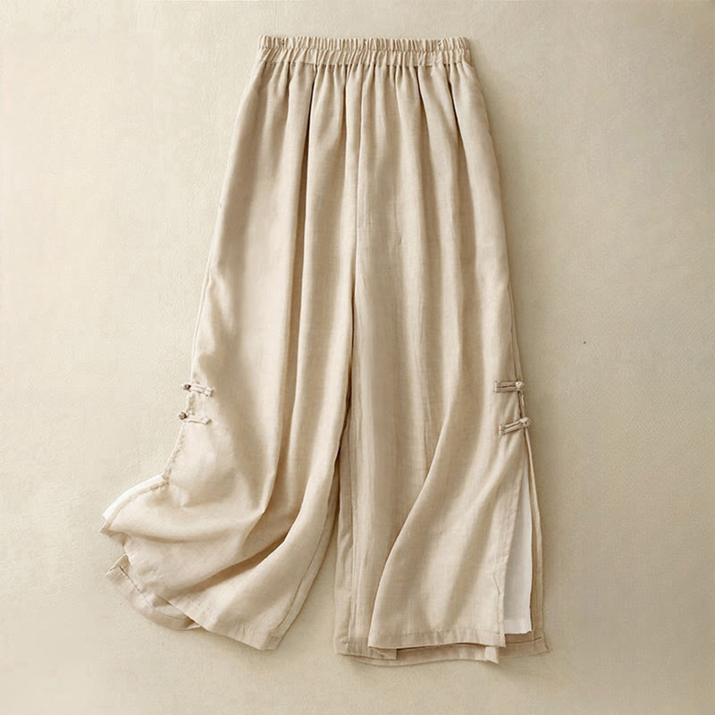 Pantalones anchos de algodón y lino con botones de rana china de color liso para mujer con Buddha Stones - LimónChiffon - US8-10，UK/AU12-14，EU40-42 (2XL) - image 10