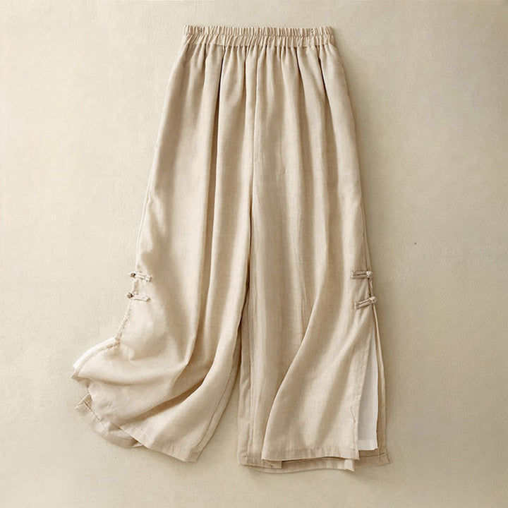 Pantalones anchos de algodón y lino con botones de rana china de color liso para mujer con Buddha Stones - LimónChiffon - US8-10，UK/AU12-14，EU40-42 (2XL) - image 10