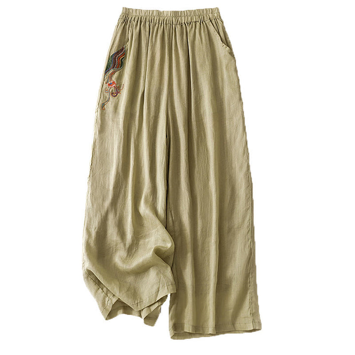 Pantalones anchos de lino y algodón de doble capa con bordado de Buddha Stones para mujer, con bolsillos - image 7