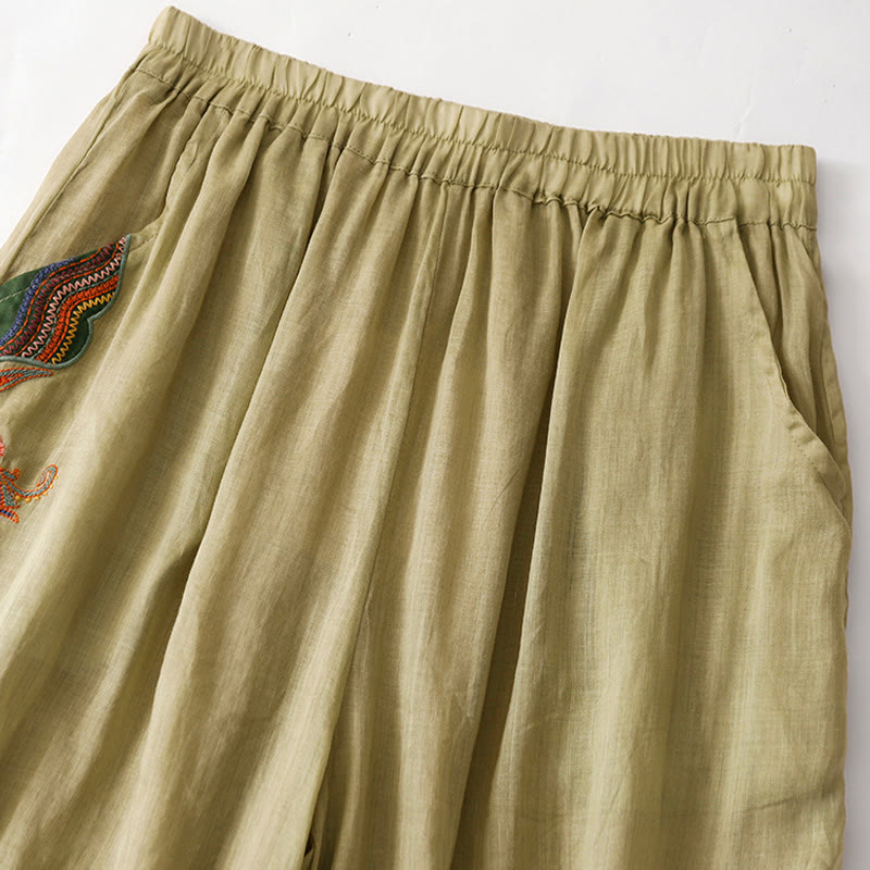 Pantalones anchos de lino y algodón de doble capa con bordado de Buddha Stones para mujer, con bolsillos - image 1