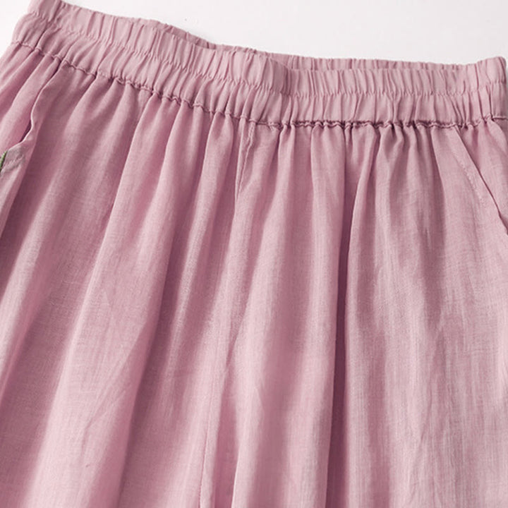 Pantalones anchos de lino y algodón de doble capa con bordado de Buddha Stones para mujer, con bolsillos - image 9