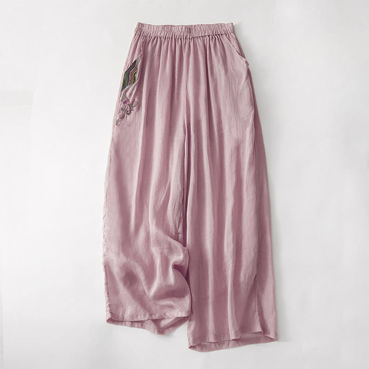 Pantalones anchos de lino y algodón de doble capa con bordado de Buddha Stones para mujer, con bolsillos - Rosa claro - US8-10，UK/AU12-14，EU40-42 (2XL) - image 8